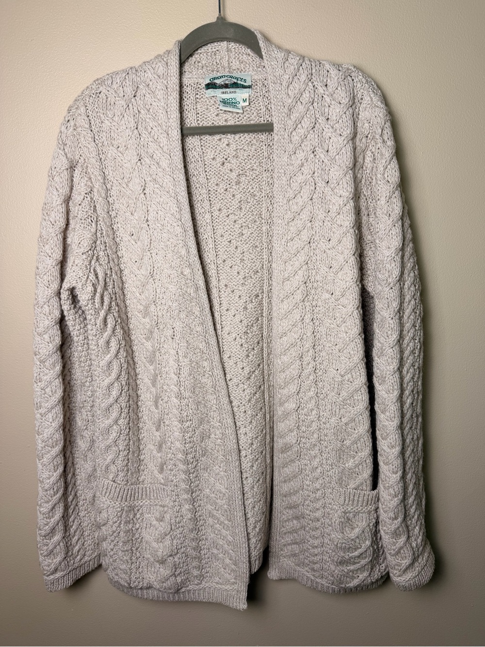 Aran Crafts Ireland 100% Merino Wool Cable Knit Cardigan Sweater Beige Size M